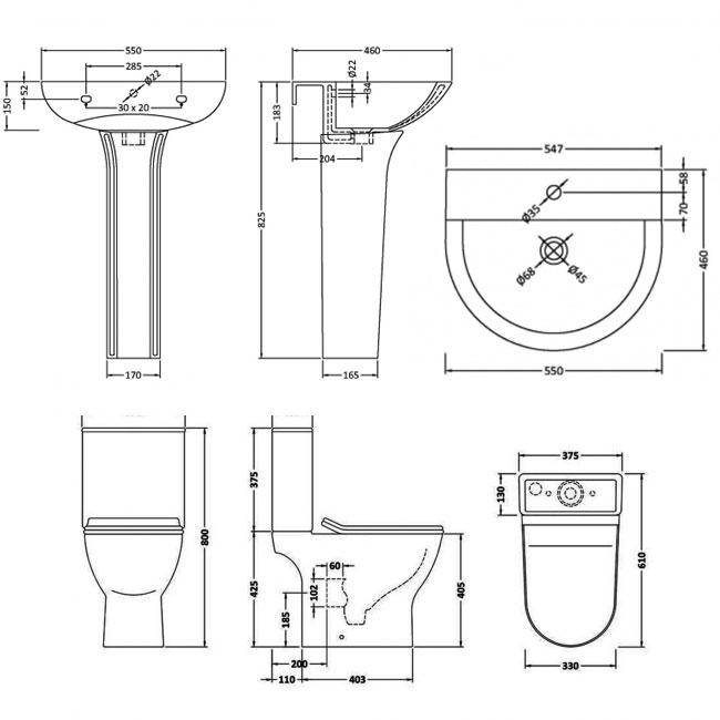 Nuie Freya Bathroom Suite Close Coupled Toilet and Basin 560mm - 1 Tap Hole