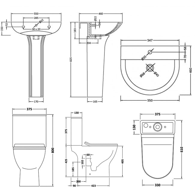 Nuie Freya Bathroom Suite Close Coupled Toilet and Basin 560mm - 1 Tap Hole