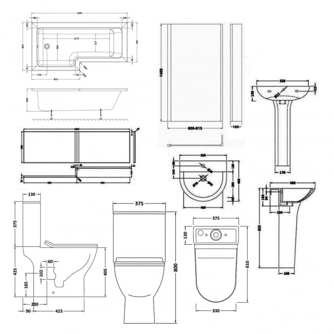 Nuie Freya Complete Bathroom Suite with L-Shaped Shower Bath 1700mm - Left Handed