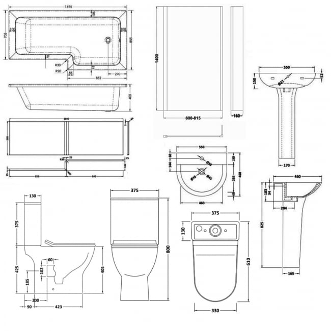 Nuie Freya Complete Bathroom Suite with L-Shaped Shower Bath 1700mm - Right Handed