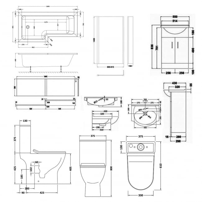 Nuie Freya Complete Furniture Suite with Vanity Unit and L-Shaped Shower Bath 1700mm LH