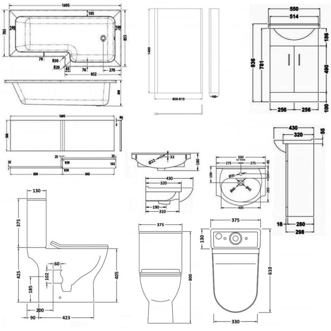 Nuie Freya Complete Furniture Suite with Vanity Unit and L-Shaped Shower Bath 1700mm RH