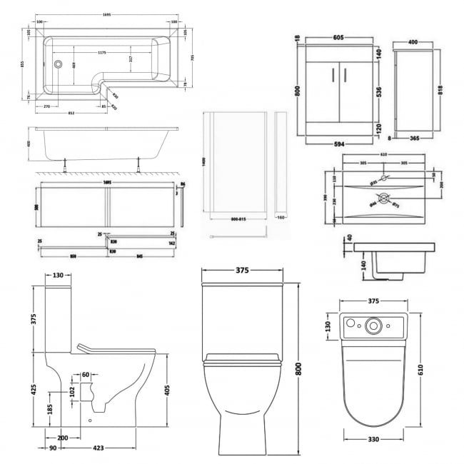 Nuie Freya Complete Furniture Suite with 600mm Vanity Unit and L-Shaped Shower Bath 1700mm LH