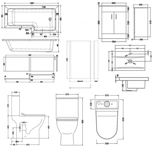 Nuie Freya Complete Furniture Suite with 600mm Vanity Unit and L-Shaped Shower Bath 1700mm RH