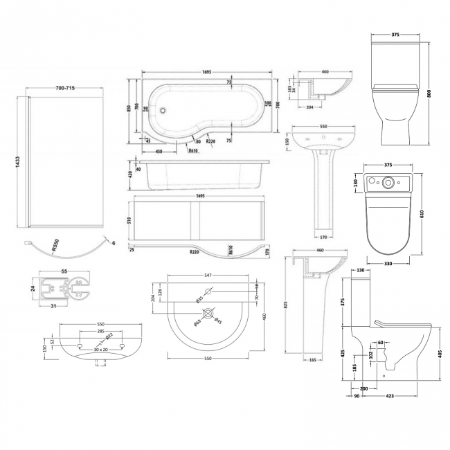 Nuie Freya Complete Bathroom Suite with P-Shaped Shower Bath 1700mm - Left Handed