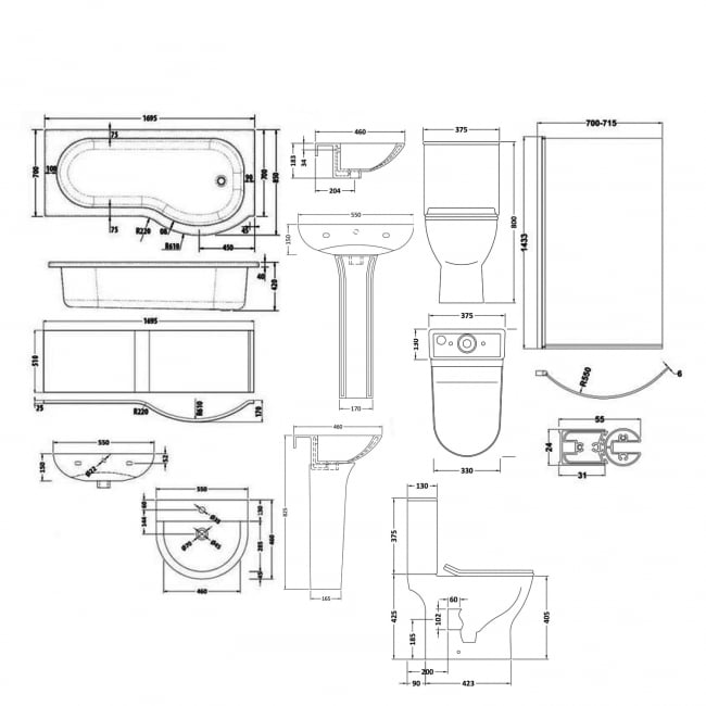 Nuie Freya Complete Bathroom Suite with P-Shaped Shower Bath 1700mm - Right Handed