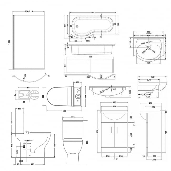 Nuie Freya Complete Furniture Suite with Vanity Unit and P-Shaped Shower Bath 1700mm LH