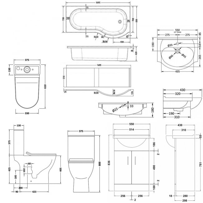 Nuie Freya Complete Furniture Suite with Vanity Unit and P-Shaped Shower Bath 1700mm RH