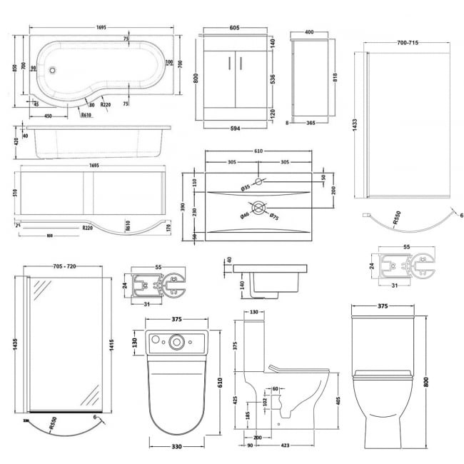 Nuie Freya Complete Furniture Suite with 600mm Vanity Unit and P-Shaped Shower Bath 1700mm LH