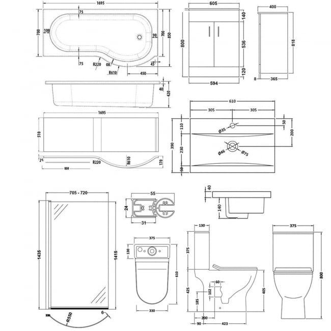 Nuie Freya Complete Furniture Suite with 600mm Vanity Unit and P-Shaped Shower Bath 1700mm RH