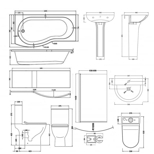 Nuie Freya Complete Bathroom Suite with B-Shaped Shower Bath 1700mm - Left Handed