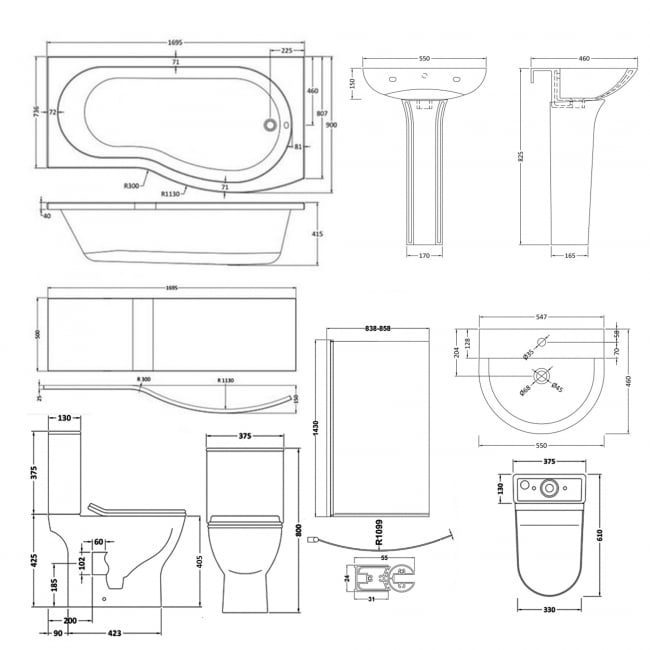 Nuie Freya Complete Bathroom Suite with B-Shaped Shower Bath 1700mm - Right Handed