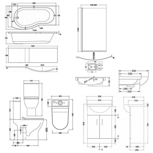 Nuie Freya Complete Furniture Suite with Vanity Unit and B-Shaped Shower Bath 1700mm LH