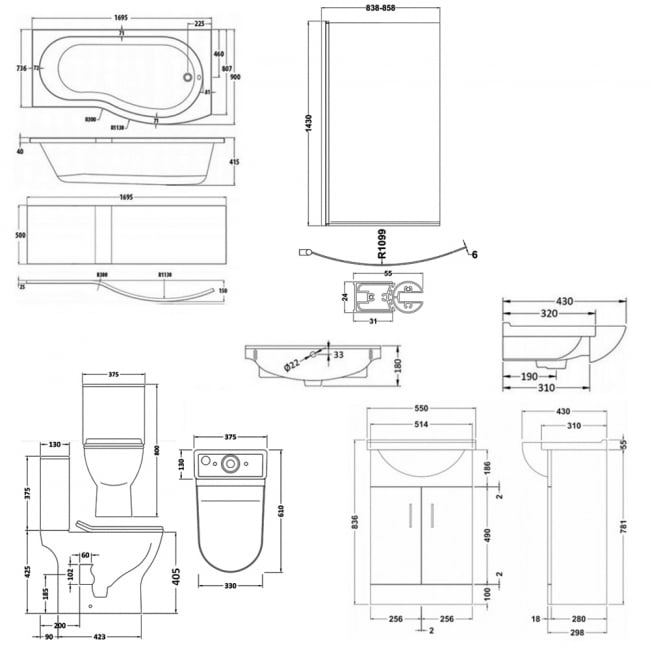 Nuie Freya Complete Furniture Suite with Vanity Unit and B-Shaped Shower Bath 1700mm RH