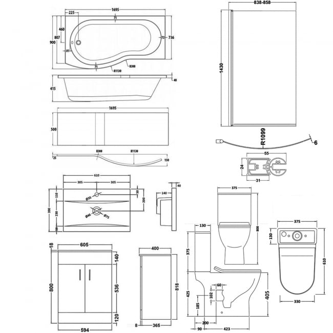 Nuie Freya Complete Furniture Suite with 600mm Vanity Unit and B-Shaped Shower Bath 1700mm LH