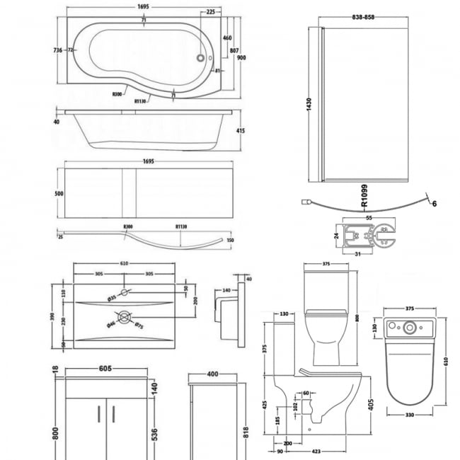 Nuie Freya Complete Furniture Suite with 600mm Vanity Unit and B-Shaped Shower Bath 1700mm RH