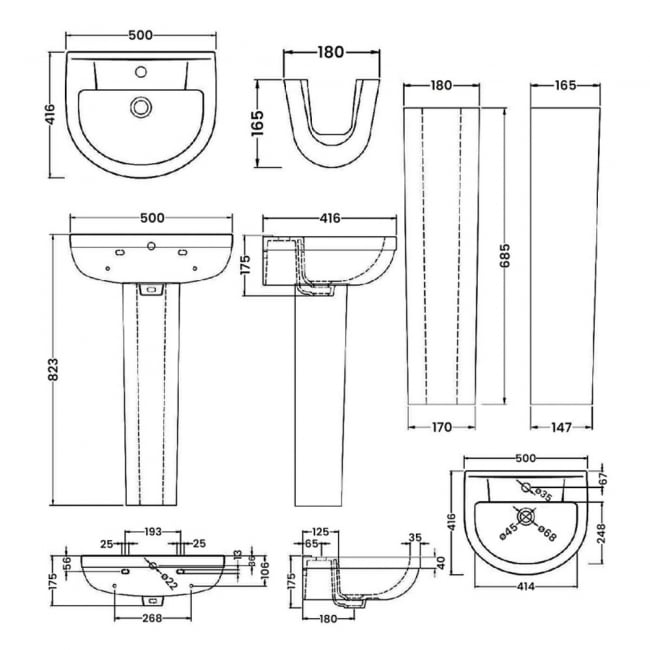 Nuie Harmony Basin and Full Pedestal 500mm Wide - 1 Tap Hole