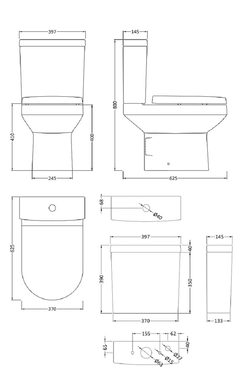 Nuie NCH300-1PC Harmony Modern Coupled Bathroom Toilet with Dual Flush ...