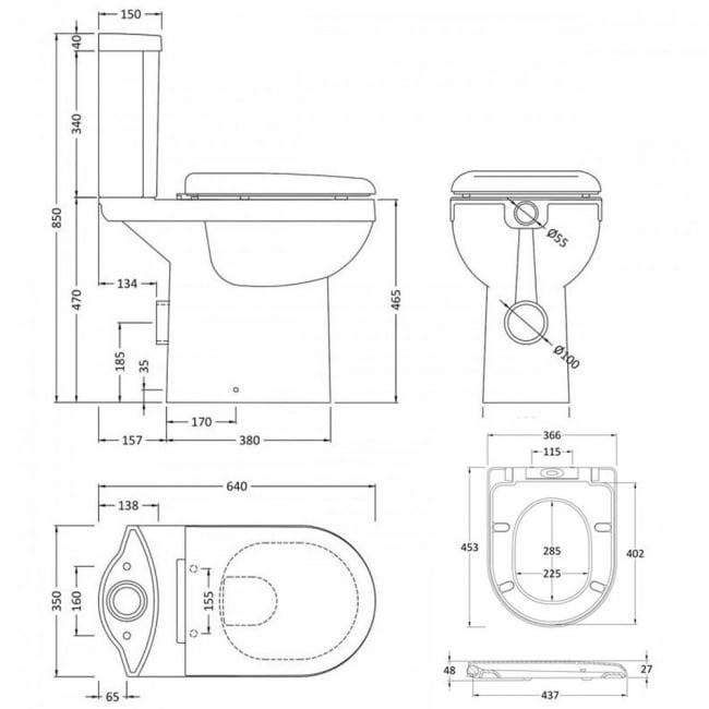 Nuie Ivo Comfort Close Coupled Toilet Push Button Cistern - Thermoplastic Soft Close Seat