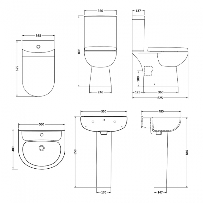 Nuie Lawton Compact Close Coupled Toilet and Basin 560mm - 1 Tap Hole