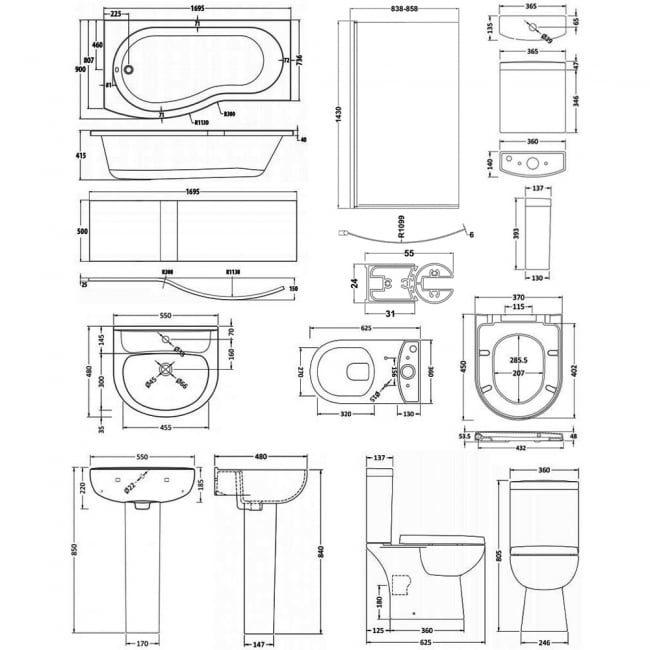 Nuie Lawton Complete Bathroom Suite with B-Shaped Shower Bath 1700mm - Left Handed