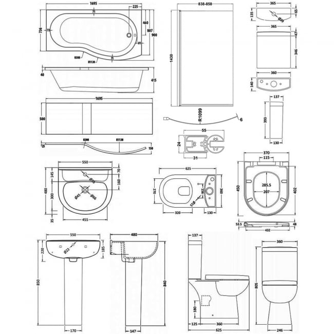 Nuie Lawton Complete Bathroom Suite with B-Shaped Shower Bath 1700mm - Right Handed