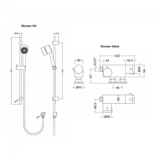 Nuie Linear Vertical Thermostatic Bar Shower Valve with Slider Rail Kit - Chrome