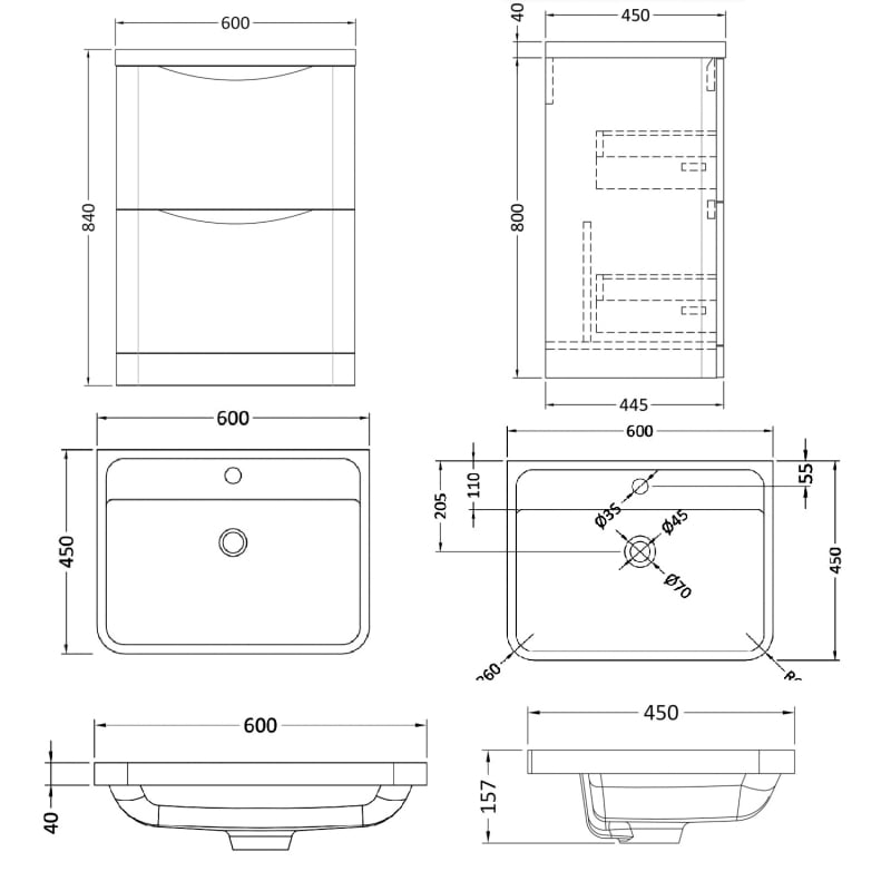 Nuie Lunar Floor Standing 2-Drawer Vanity Unit with Polymarble Basin 600mm Wide - Satin Anthracite