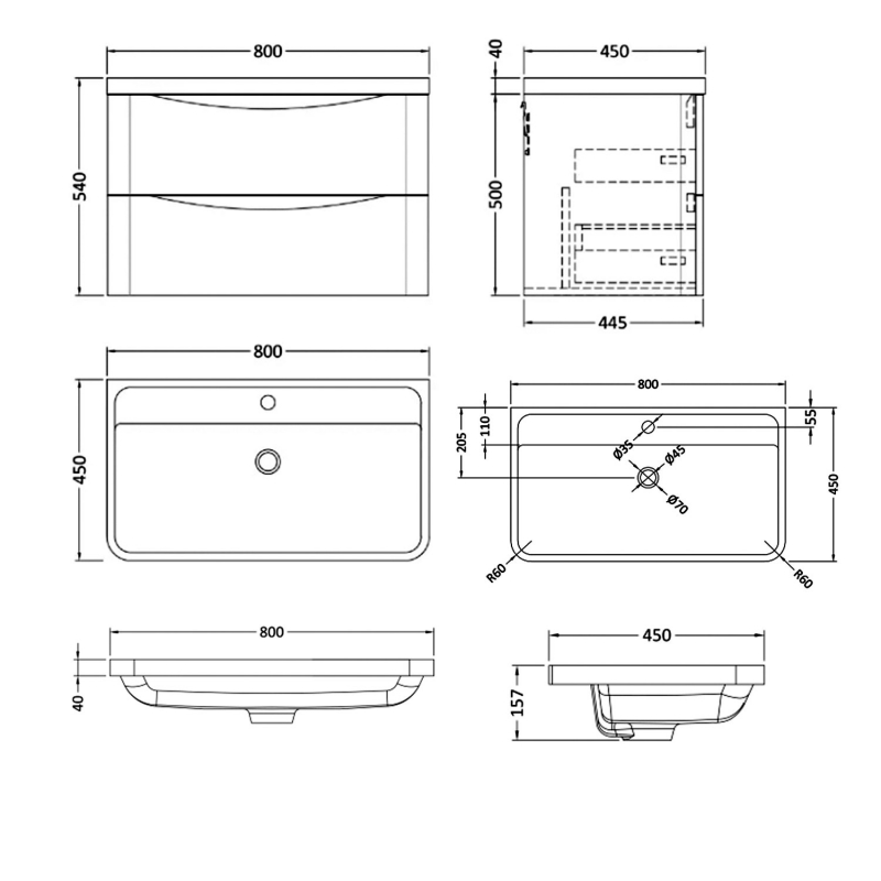 Nuie Lunar Wall Hung 2-Drawer Vanity Unit with Polymarble Basin 800mm Wide - Satin Green