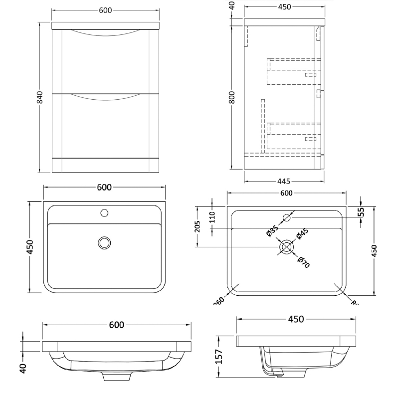 Nuie Lunar Floor Standing 2-Drawer Vanity Unit with Polymarble Basin 600mm Wide - Satin Grey