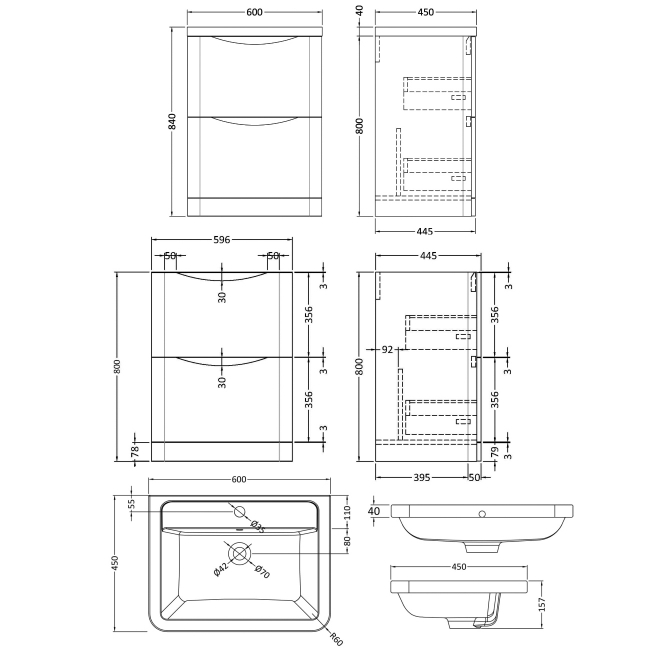 Nuie Lunar Floor Standing 2-Drawer Vanity Unit with Ceramic Basin 600mm Wide - Satin Grey