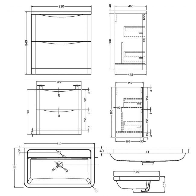 Nuie Lunar Floor Standing 2-Drawer Vanity Unit with Ceramic Basin 800mm Wide - Satin White