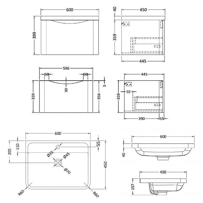 Nuie Lunar Wall Hung 1-Drawer Vanity Unit with Polymarble Basin 600mm Wide - Satin Green