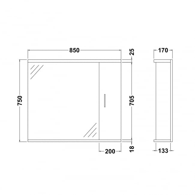 Nuie Mayford Mirrored Bathroom Cabinet 750mm H x 850mm W White - Right Handed