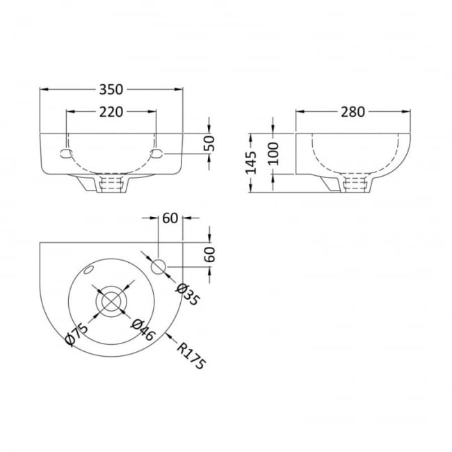 Nuie Melbourne Rounded Wall Hung Cloakroom Basin 350mm Wide - 1 Tap Hole