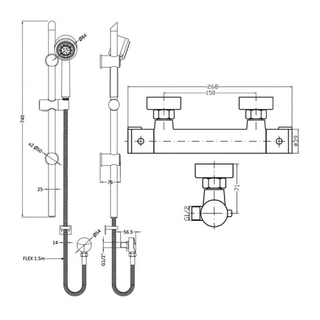 Nuie Minimalist Thermostatic Bar Shower Valve with Single Function Slider Rail Kit - Chrome