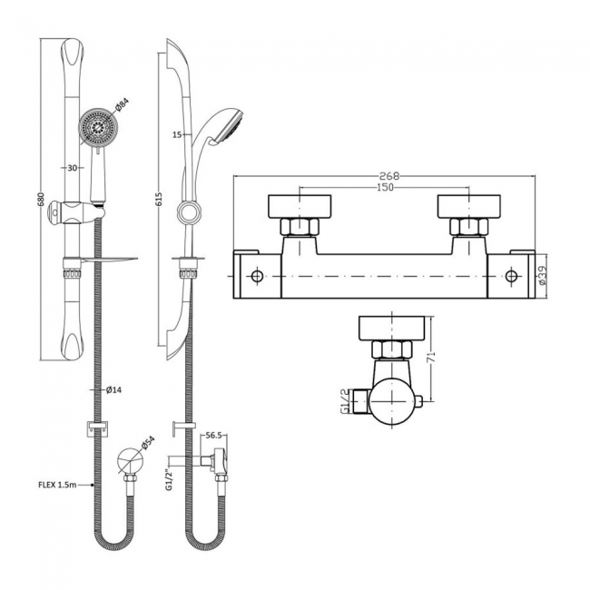 Nuie Minimalist Thermostatic Bar Shower Valve with Luxury Curved Slider Rail Kit - Chrome