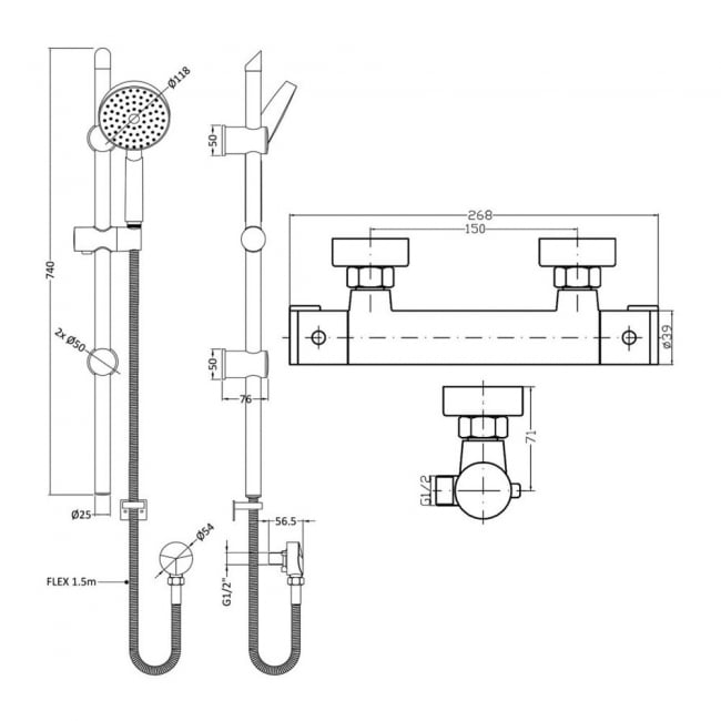 Nuie Minimalist Thermostatic Bar Shower Valve with Slim Single Function Slider Rail Kit - Chrome