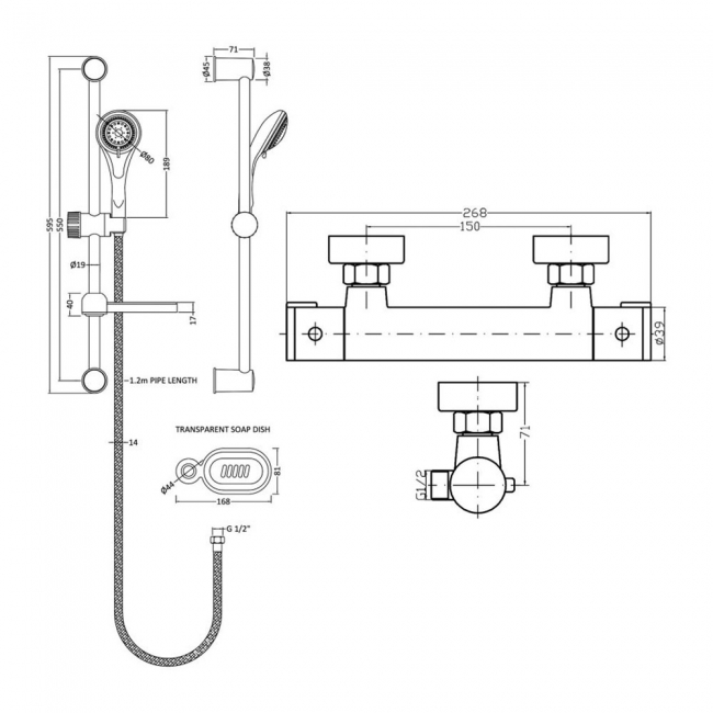 Nuie Minimalist Thermostatic Bar Shower Valve with Classic Multi Function Slider Rail Kit - Chrome