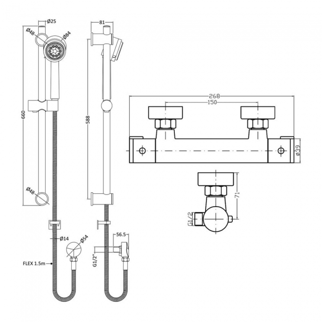 Nuie Minimalist Thermostatic Bar Shower Valve with Multi Function Slider Rail Kit - Chrome