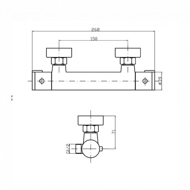 Nuie Minimalist Thermostatic Bar Shower Valve Bottom Outlet - Chrome