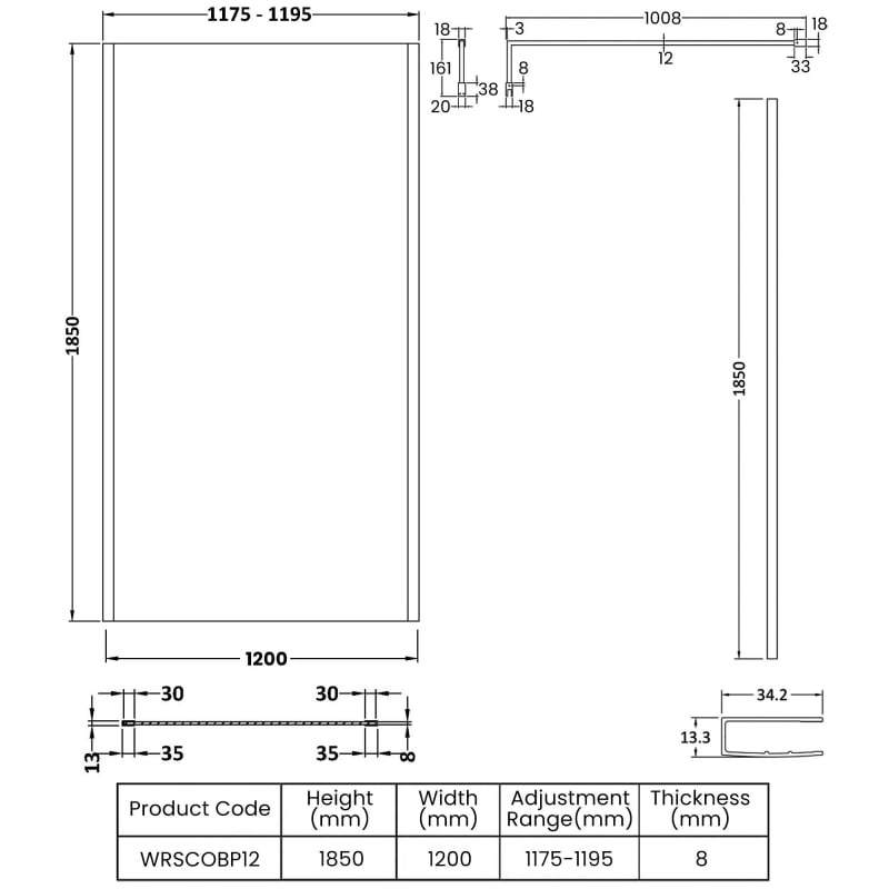 Nuie Outer Framed Wetroom Screen 1200mm W x 1850mm H with Support Bar 8mm Glass - Matt Black