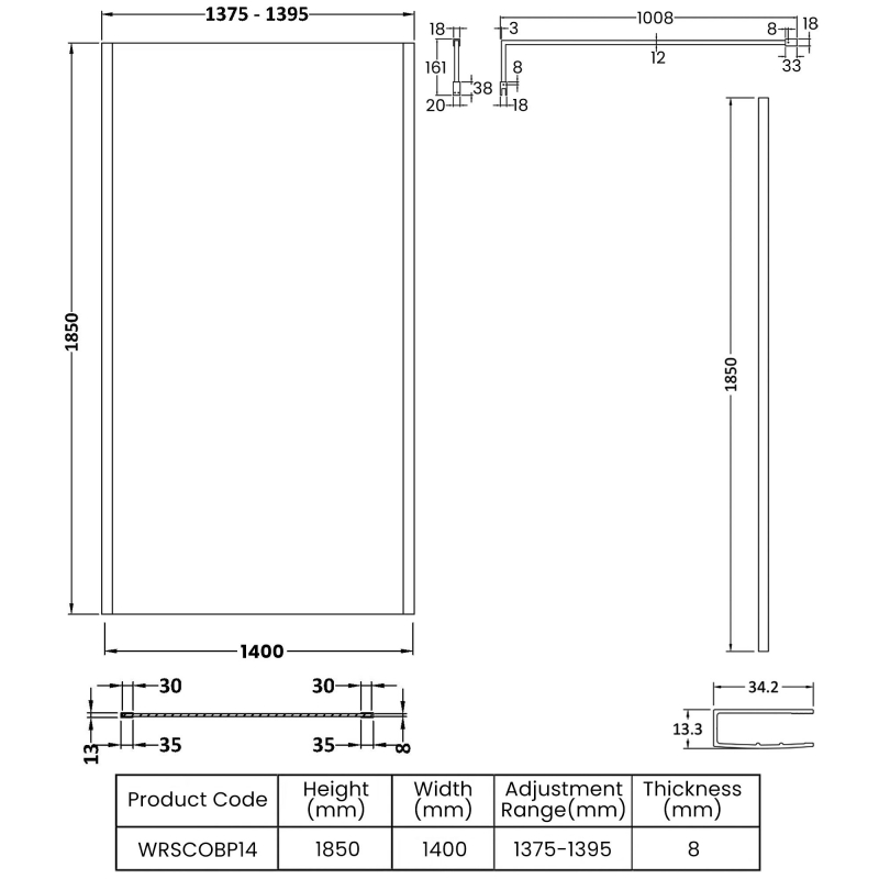 Nuie Outer Framed Wetroom Screen 1400mm W x 1850mm H with Support Bar 8mm Glass - Matt Black