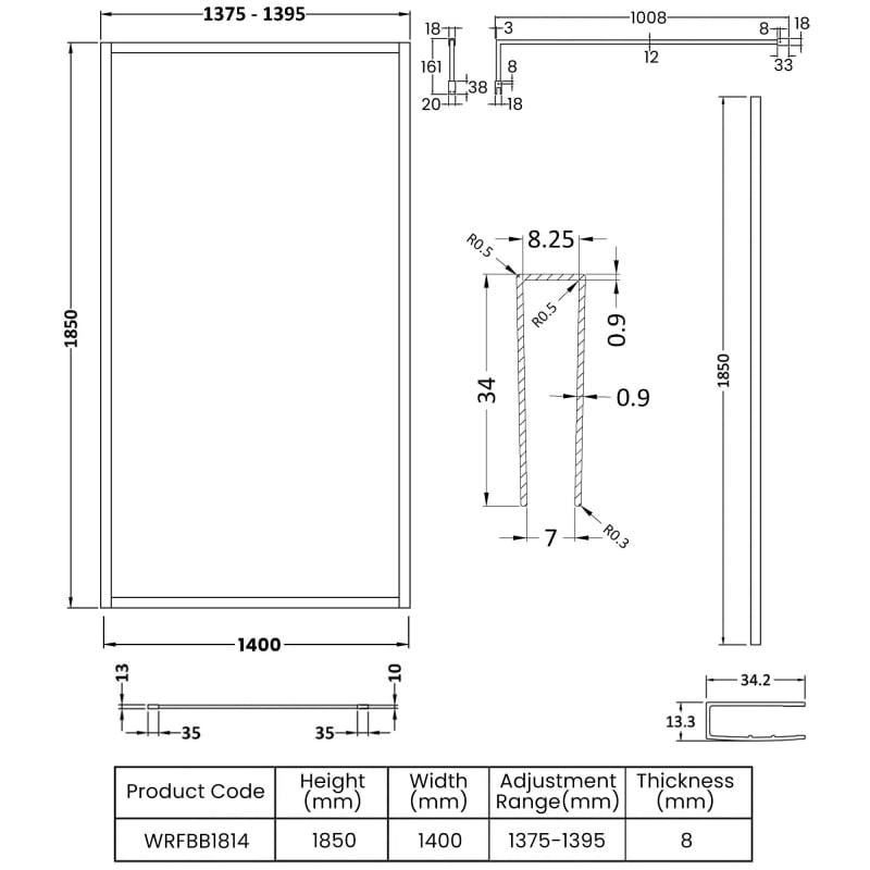 Nuie Outer Wet Room Panel | WRFBB1814 | 1400mm | 8mm | Clear