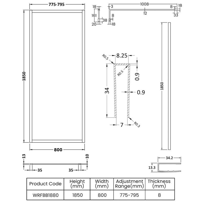 Nuie Outer Wet Room Panel | WRFBB1880 | 800mm | 8mm | Clear