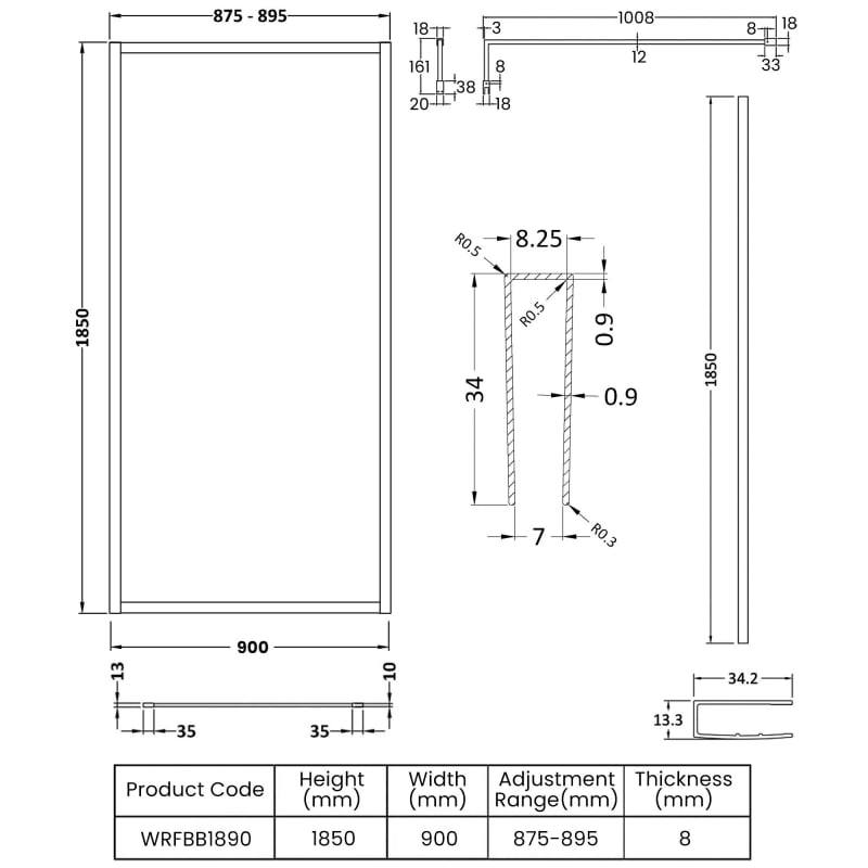 Nuie Outer Wet Room Panel | WRFBB1890 | 900mm | 8mm | Clear