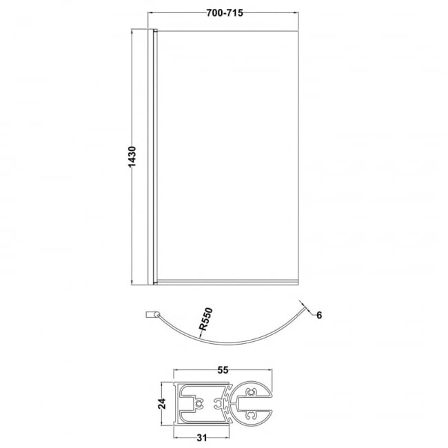 Nuie Curved P-Shaped Hinged Bath Screen 1433mm H x 715mm W - 6mm Glass