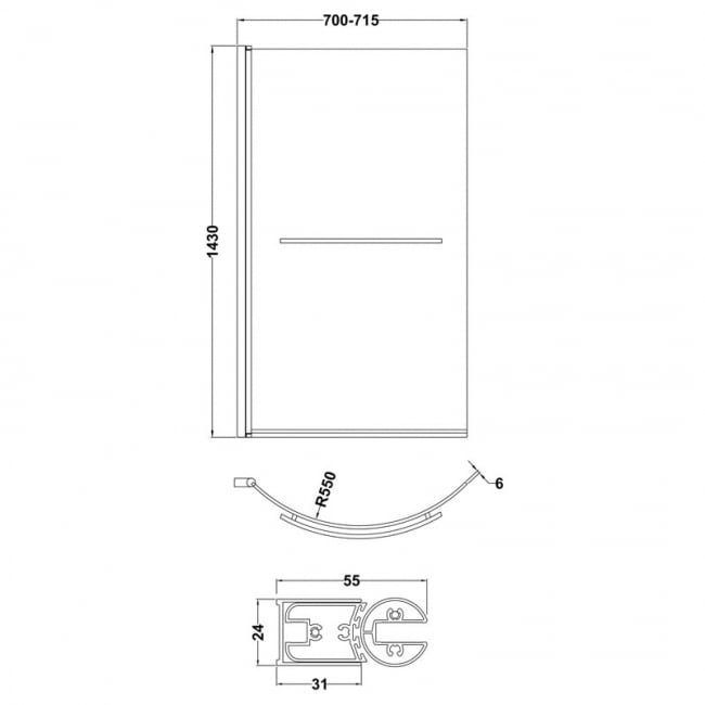 Nuie Curved P-Shaped Hinged Bath Screen with Towel Bar 1430mm H x 715mm W - 6mm Glass