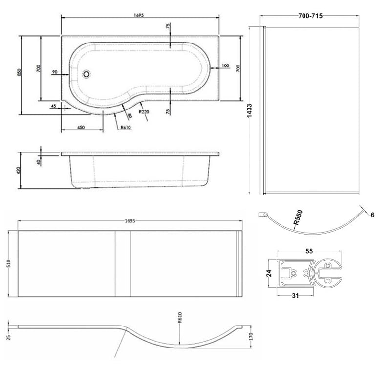 Nuie P-Shaped Bath | SBATH22 | 1700mm X 700 - 850mm | Acrylic