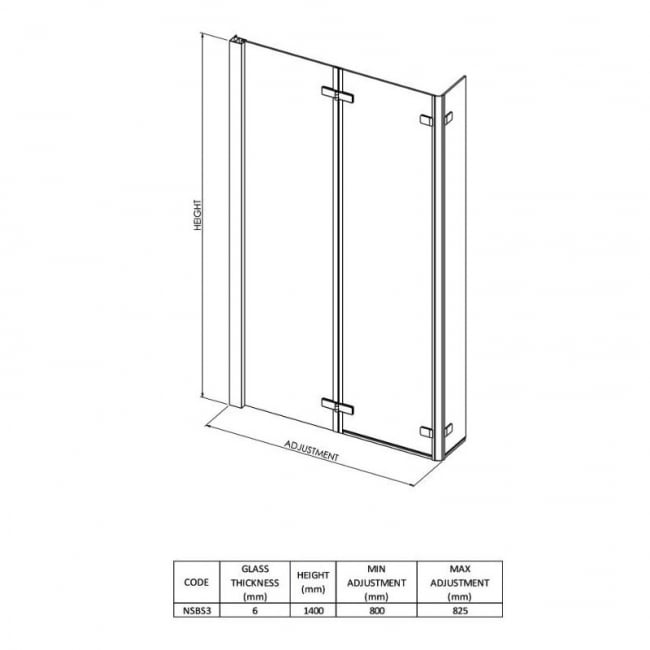 Nuie Pacific L-Shaped Double Hinged Bath Screen 1400mm H x 810mm W - 6mm Glass